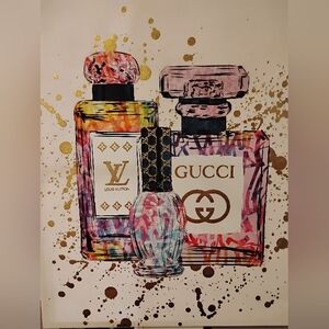 Louis Vuitton & Gucci Perfume Art Print - Colorful Bottle Illustration